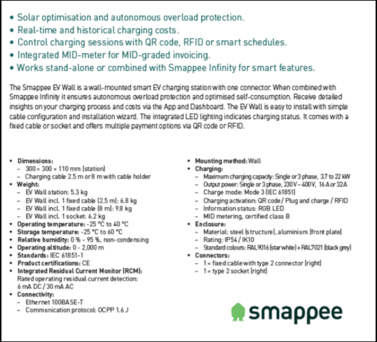 Επίτοιχος σταθμός φόρτισης Smappee ev Charger up to 1x22kW Type 2