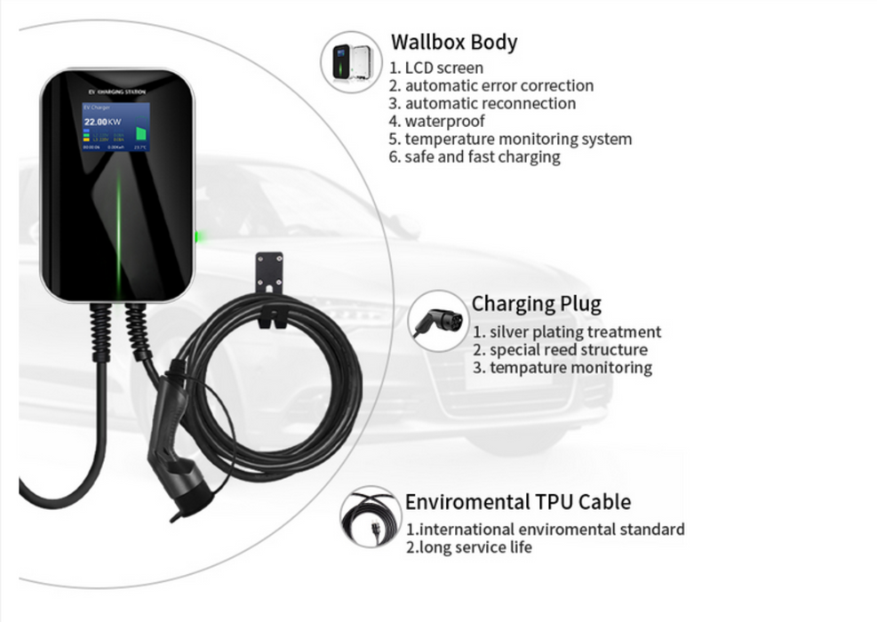 Επίτοιχιος σταθμός φόρτισης AC, 22kW, με καλώδιο φόρτισης Type 2, 32A, 3Phase IEC 62196-2