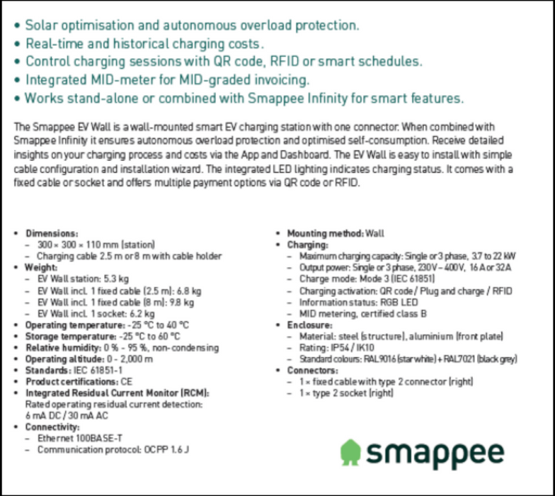 Επιίτοιχος σταθμός φόρτισης Smappee ev charger 1φ / 7kW /230AC Type 2